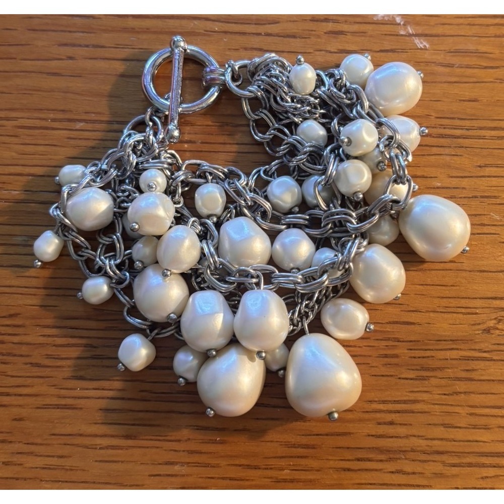 Multi-strand Faux Pearl Charm Bracelet Womens OS White Silver Tone Toggle Chunky